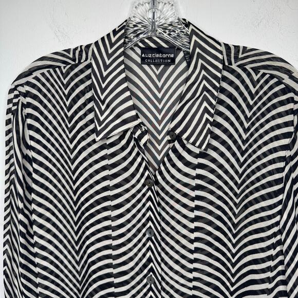 Liz Claiborne Collection Black White Striped Button Front Blouse Sz 10 Y2K Sheer - Picture 7 of 8